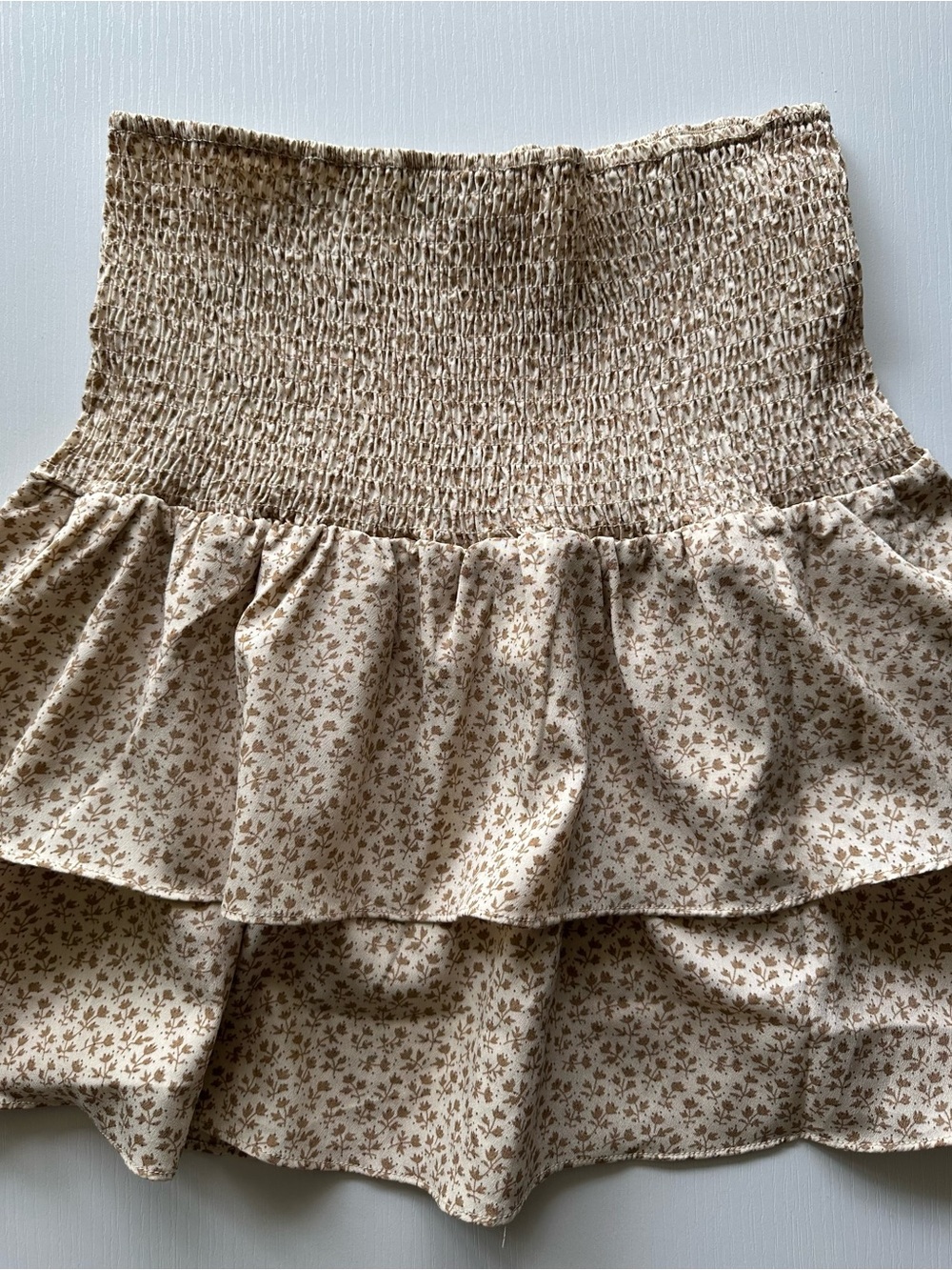 Beige Floral Tiered Smocked Mini Skirt